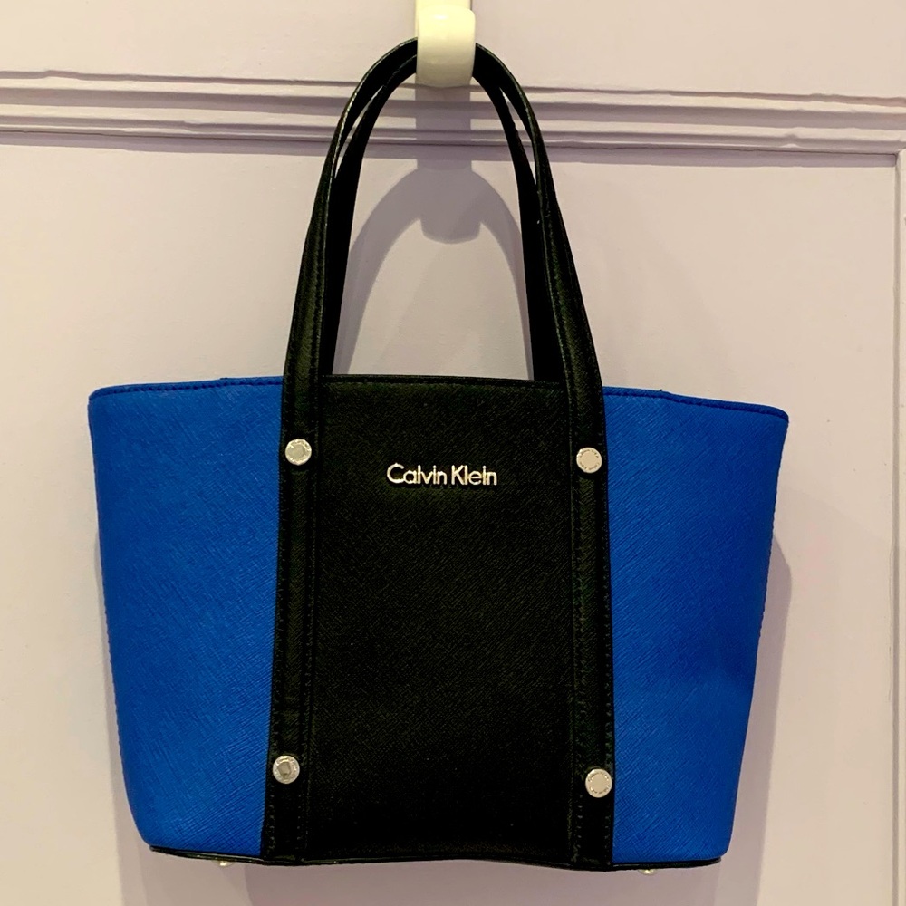 Calvin Klein mini leather tote bag with blue and black colorblock detail